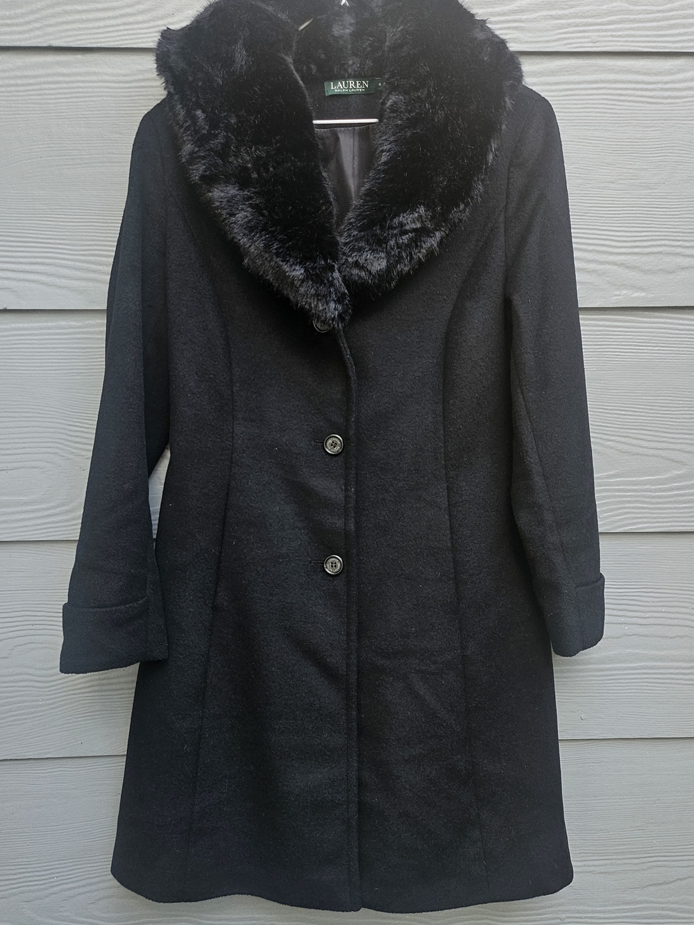 Lauren Ralph Lauren Black Wool-Blend Coat with Faux Fur Collar